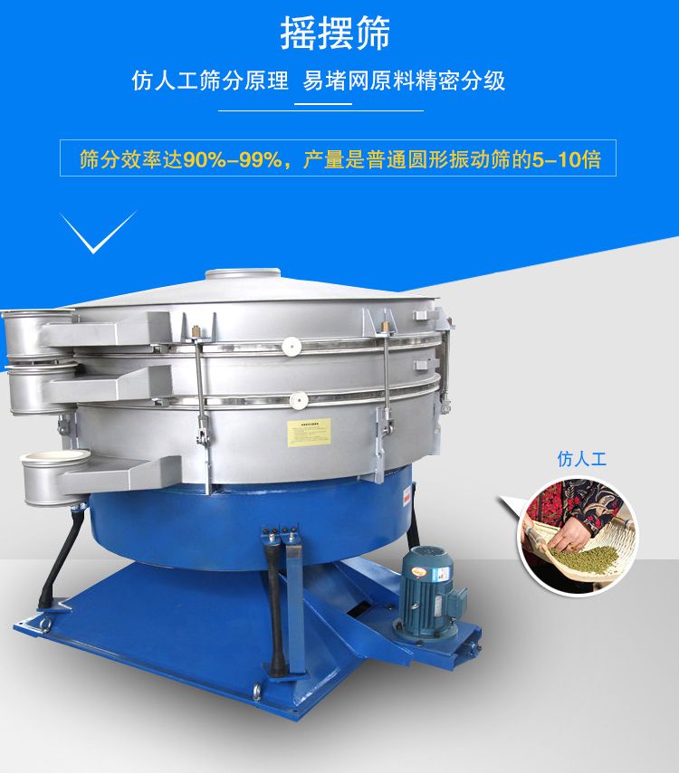 搖擺篩適合精細(xì)和超細(xì)范圍的粉末和微粒狀物料，產(chǎn)量大、精度高